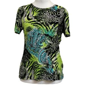 Peter Nygard Vintage 90s Green Paisley & Animal Print Short Sleeve Top